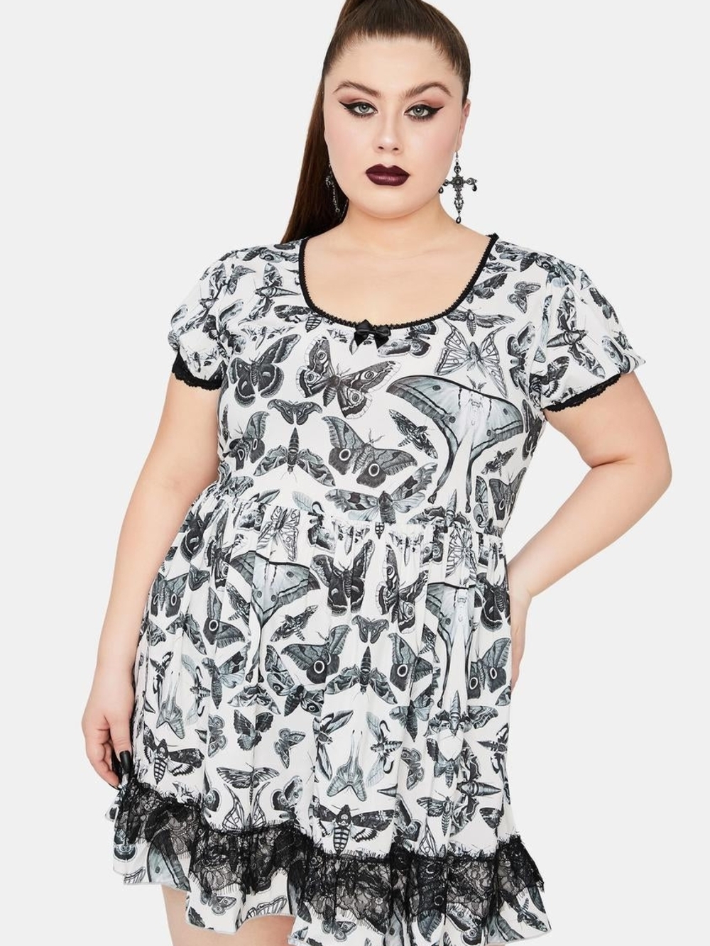 Sold Out! Divine Spirit World Lace Trim Moth Print Dress